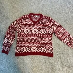 Vintage fair isle cotton knit sweater red white wool blend v-neck Christmas